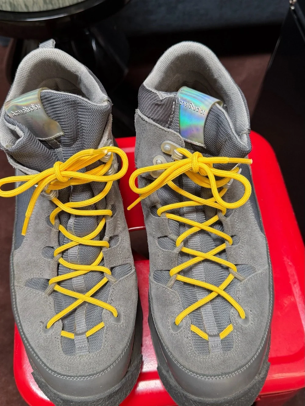 Acne Studios Men's Dark Gray High-Top Hiking Sneaker with Yellow Laces